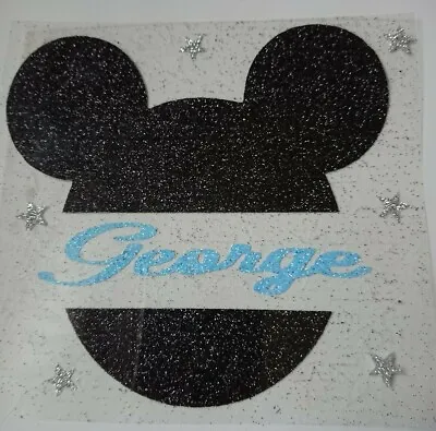 Personalised Hotfix Iron On Transfers Black Glitter Mickey Mouse Head + Stars • £4