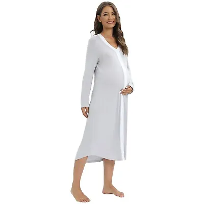 Womens Long Sleeve Maternity Nightgown Tee Pajama Dress Midi Pregnant Nightdress • $18.12