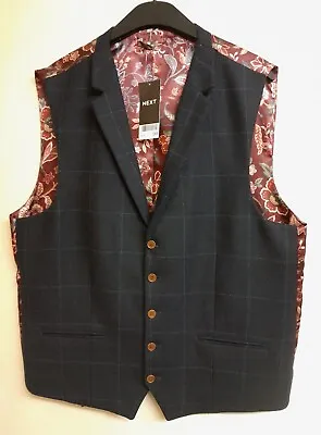 Mens NEXT Nova Fides Navy Check Wool Blend Slim Fit Waistcoat 44R • £18.95