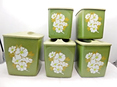 $29.95 • Buy Vintage MCM Canister Set W/ Lids Floral Avocado Green Set Of 5-Cabin,Camping-FL