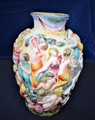 C.1950s Capodimonte Relief Hand Painted Bacchanalian Scenes 12 H Vase Lamp Base • $460.67