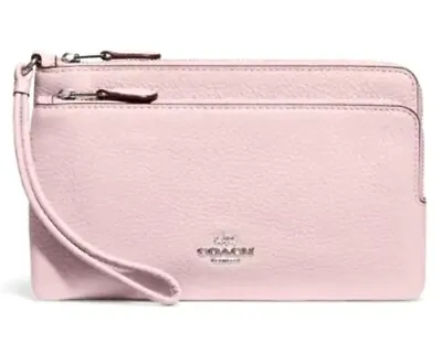 New 💯Authentic COACH DOUBLE ZIP Pebbled LEATHER PHONE Wallet/ WRISTLET Ice Pink • $136.19