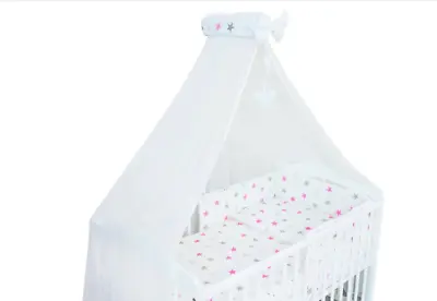 Canopy Holder  Bar Drape Mosquito Net With Ribbon COTBED/ COT Grey Pink Stars • £33.99