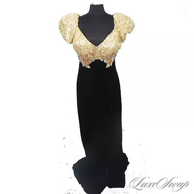 INSANE Vintage 1980s Alyce Black Velvet Gold Crinkle Foil Embroidered Gown 16 NR • $9.99