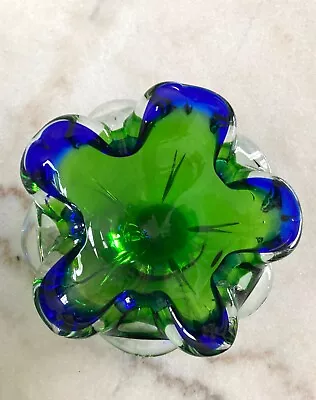 Vintage MCM 1950s 1960s Green & Blue Murano Art Glass Bowl Flower Wavy Scalloped • $45