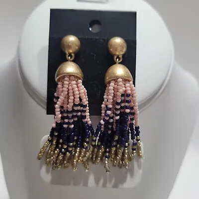 J Crew Seed Brad Beaded Tassel Drop Fashion Statement Earrings Pink Gold Blue • $19