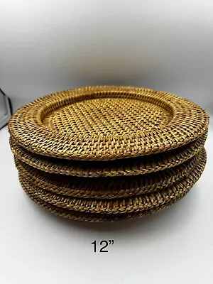 SET OF 5 Vintage Rattan Basket Weave Charger Plates 12” Wicker Placemats • $50