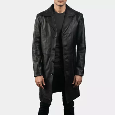 Men Trench Coat Genuine Lambskin Leather Long Winter Knee Length Jacket Coat • $69.99