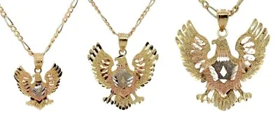 14k Tri-Color Gold Eagle Dia-Cut With Hollow Figaro Chain Necklace S/M/L • $1259.99