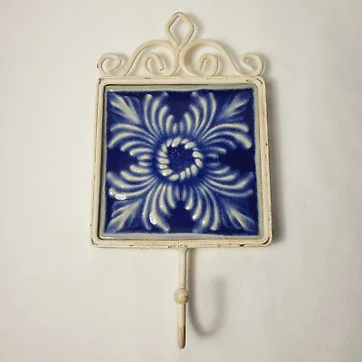 Vintage Ceramic Tile Hanging Hook Metal Frame Shabby Chic White Cream Blue Glaze • $22.85
