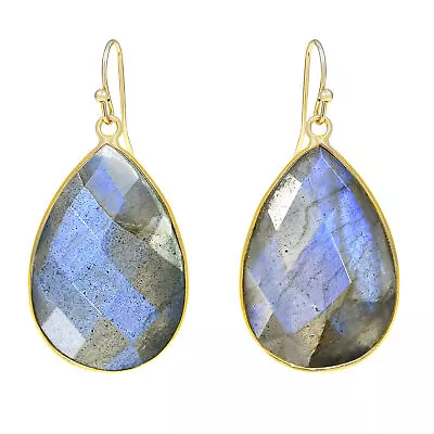 Gray Facets Labradorite Teardrop Gold-Plated Dangle Earrings • $23.89