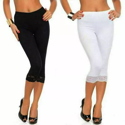 Women Ladies Capri Soft 3/4 Cropped Lace Trim Leggings Stretchy Comfy Pants • £6.99