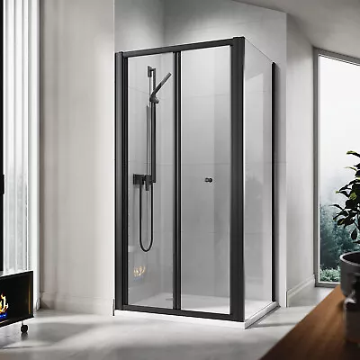 Black Frame Bi Fold Shower Enclosure Door With Side Panel Wet Room Glass Screen • £88.99