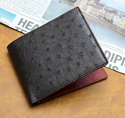 Black Ostrich Leather Slim Bifold Wallet Money Case Premium Handmade Gifts • $75