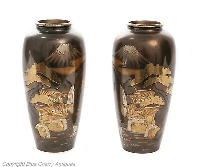 £395 • Buy Pair Antique Meiji Japanese Bronze & Mixed Metal Damascene Vases With Mount Fuji