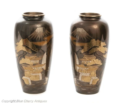 £395 • Buy Pair Antique Meiji Japanese Bronze & Mixed Metal Damascene Vases With Mount Fuji