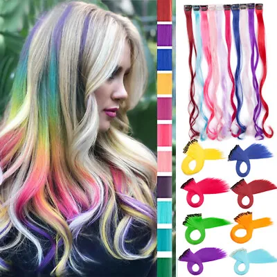 10X Rainbow Multi Colour Clip In Hair Extensions Highlight Streaks Festival Long • £9.86