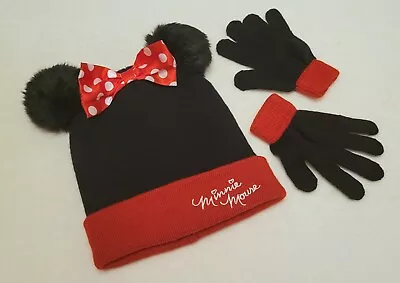 Disney Minnie Mouse Beanie Hat & Gloves Set Girls 4-7 Red & Black Pom Pom Bow • $8