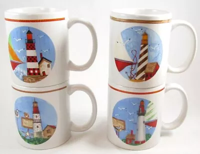 NEW Set Of 4 Lighthouse Seaside Nautical Theme 10 Oz. Coffee Mugs • $20.23