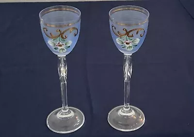 Pair Of Czech Liqueur Frosted Blue / Clear Stem/ Gold Hand Painted Glasses • £19.50