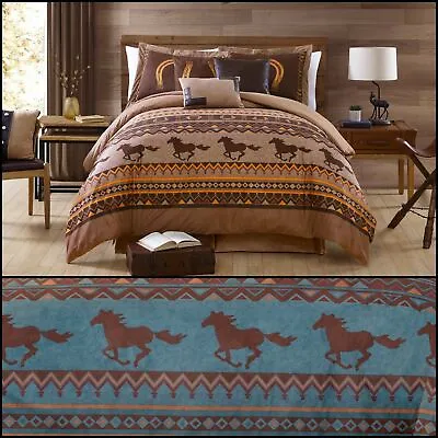 7pcs Cabin Lodge Western Wild Horses Microsuede Comforter Set Turquoise Or Brown • $102.99