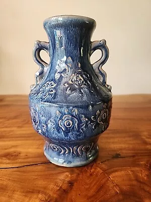 Vintage Artisan Blue Salt Glaze Pottery Vase - Floral Motif Jug  • $15