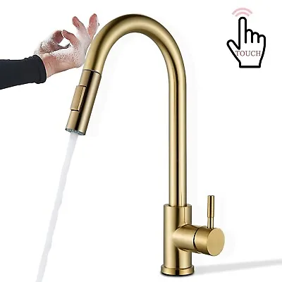 Touch On Kitchen Sink Faucet Pull Down Sprayer Brushed Gold Mixer Taps Sensor • $46.29