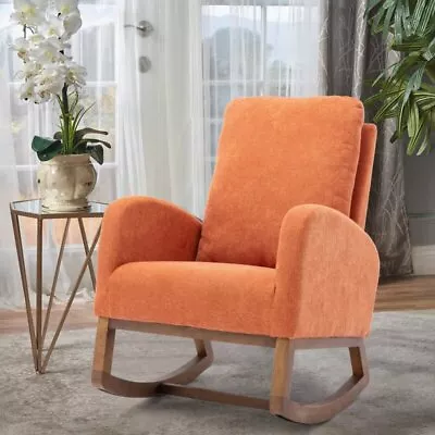 Orange Upholstered Rocking Chair Rocker Solid Wood Frame Padded Glider Nursery • $261.90