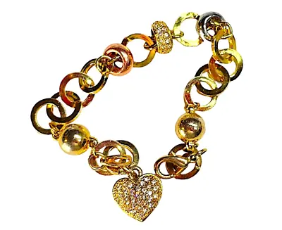 Modern Ruth Rhinestones Charm Gold And Pink Gold Tone Metal Braclet With Heart. • £7