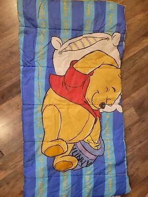 Vintage 90s Y2K Disney Winnie The Pooh Bear Sleeping Bag Blue Stripes Hunny Pot • $24.99