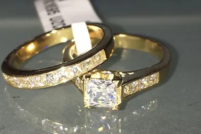 Gold Engagement Ring Princess Square 2pcs Cz Set Wedding Band Bridal New 1895 • £23.99