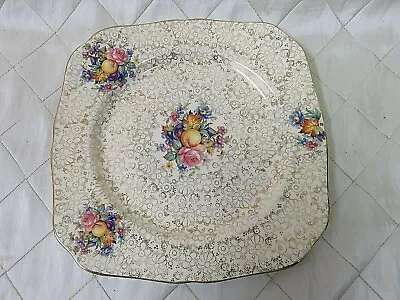 HK Tunstall England Square Floral Fruit Plate Chintz Gold Gilt 9  Vtg Tray • $16.19