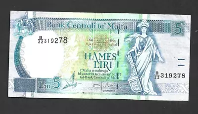 5 Liri Very Fine  Banknote From Malta 1994-2007   Pick-45 • $2.05