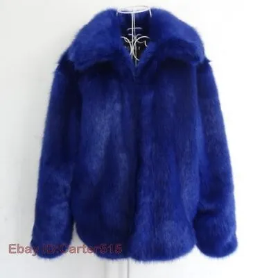 Mens Blue Faux Fur Coat Warm Lapel Large Thicken Outwear Winter Peacoat • $59.84