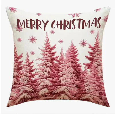 MERRY CHRISTMAS TREES PINK Christmas Throw Pillow Cover Winter Holiday Decor • $13.08