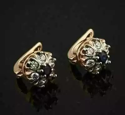 Vintage Style White Diamond & 2.1Ct Sapphire Studs Earrings 14K Rose Gold Finish • $71.40