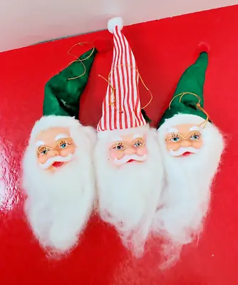 3 Vintage Santa Head Christmas Ornament  Felt Hat Curly Hair Beard Sweet Face • $9.95