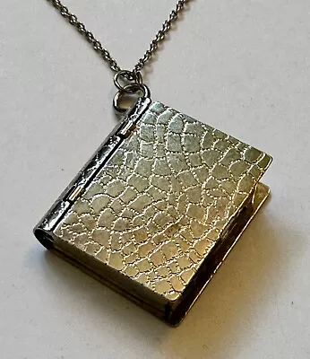 Vintage Silver Tone Book Case Trinket Pill Box Pendant 1 1/4x 1/4  Necklace 24  • $21