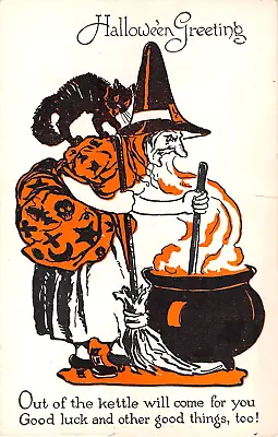 C.1920 Witch With Broom & Black Cat Stirring Boiling Kettle Halloween Post Card • $25