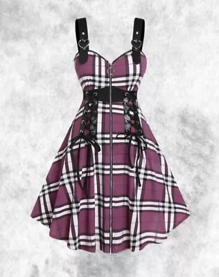 New Gothic Purple/White Plaid Zip Front Corset Summer Dress Size 3XL 22 24 26 • £34.99