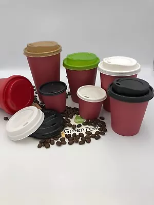 4/8/12/16oz 100 X Disposable Coffee Cups Red Paper Cups Party Cups With Lids • £4