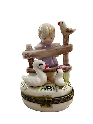 Vintage French Porcelain Trinket Box Girl Birds & Ducks Hand Painted Milk Glass • $14.98