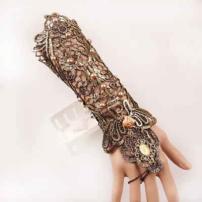 Gothic Punk Lace Adjustable Beads Hand Harness Punk Chain Long Bracelet Ring • £4.81