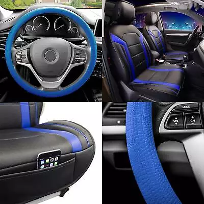 Faux Leather Seat Covers Cushion Pad Front Bucket Blue W/Steering Cover • $86.98