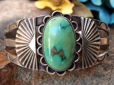 Vintage Native American Navajo Green Turquoise Sterling Silver Cuff Bracelet Wow • $245