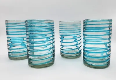 Vintage Glass Cups Blown Mexican Aqua Blue Spiral  (Set Of 4) • $29.99