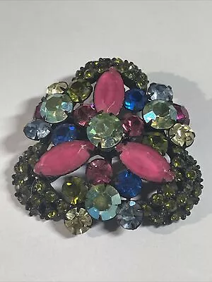 Vintage Prong Set Rhinestone Black Metal Brooch Pin BON16-46 • $24