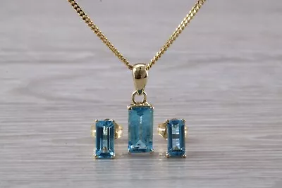 Real Blue Topaz Buguette Shape Earrings And Necklace Set In 9ct Yellow Gold • £265