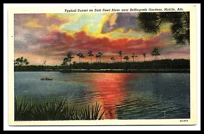 Mobile Alabama East Fowl River Linen Postcard Sunset Boats Pc133 • $6