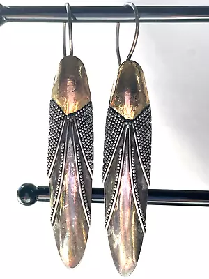 1980's Vtg Bali  Sterling Silver & 22k Gold Dragon Fly Wing Earrings   Free Ship • $95